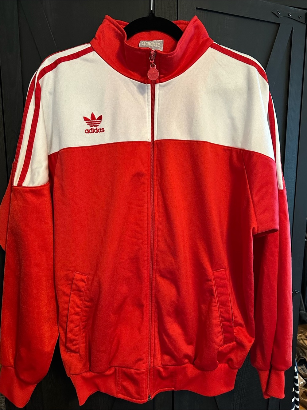 Adidas Vintage Red and White Men’s Bomber Track Jacket